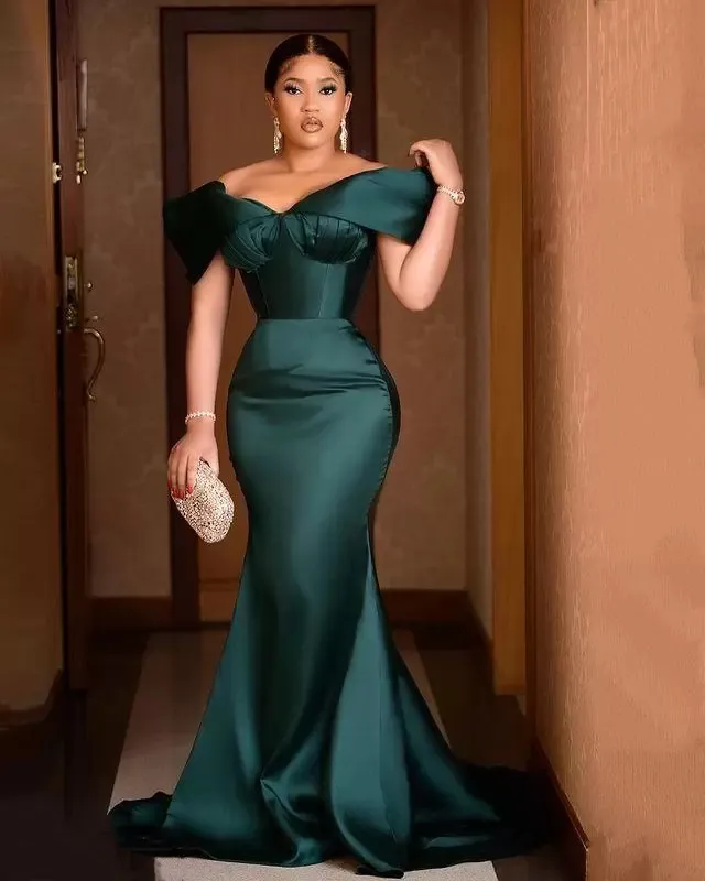 Elegant Jade Mermaid Formal Evening Dresses Off The Shoulder Pleats Sweetheart Neck Simple Satin Bridesmaid Prom Party Gowns Aso Ebi Long Reception Wear 2023