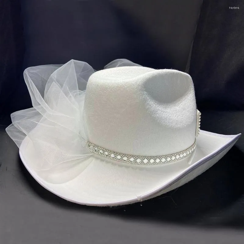 Boinas brancas de diamante de diamante cowboy chapéu de férias eventos de festa carnaval para mulheres meninas com tocar vestido caps w8n0