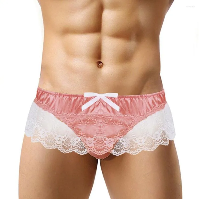 السراويل الداخلية مثلي الجنس الرجال الدانتيل G-String Sissy Sissy T-Back Tong Ruffle Lingerie Pouch Pouch Pouch Sexy Satin Satin Bruffs Inside Woy A50