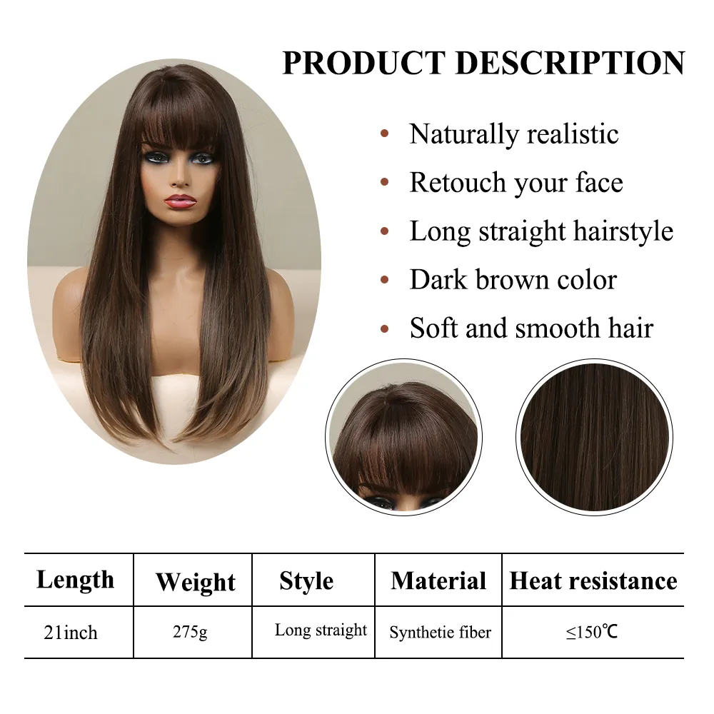 Perruques synthétiques droites brunes avec frange perruques de cheveux en couches naturelles pour les femmes quotidien Cosplay fête fibre résistante à la chaleur direct d'usine