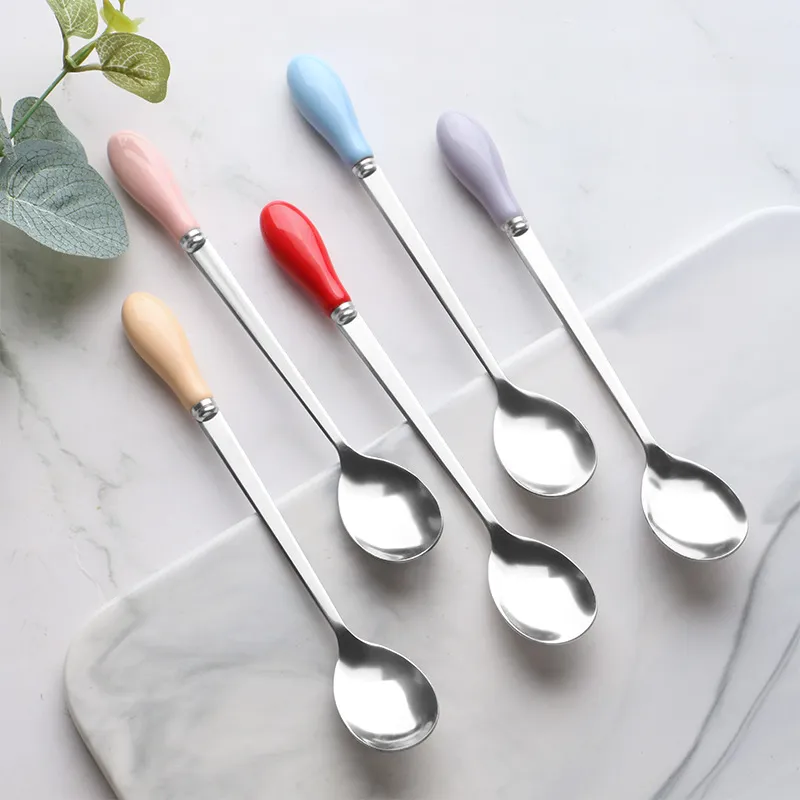 Long Spoon with Ceramic Handle Stainless Steel Mixing Spoon for Milk Coffee 1223507