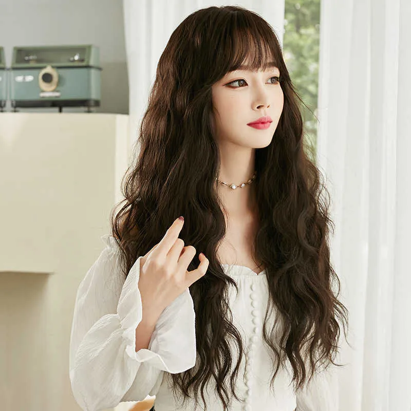 Hair Lace Wigs Korean Version Long Net Red Wool Curly Top Hair Air Bangs Corn Perm Wig Head Set