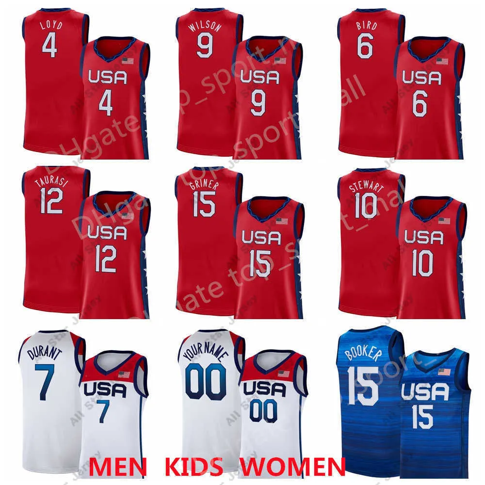 Baskettröjor kvinnor USA basket sommar 15 Brittney Griner Jersey 10 Breanna Stewart 4 Jewell Loyd 9 A'ja Wilson 6 Sue Bird 12 Diana Taurasi USA Red Men Men