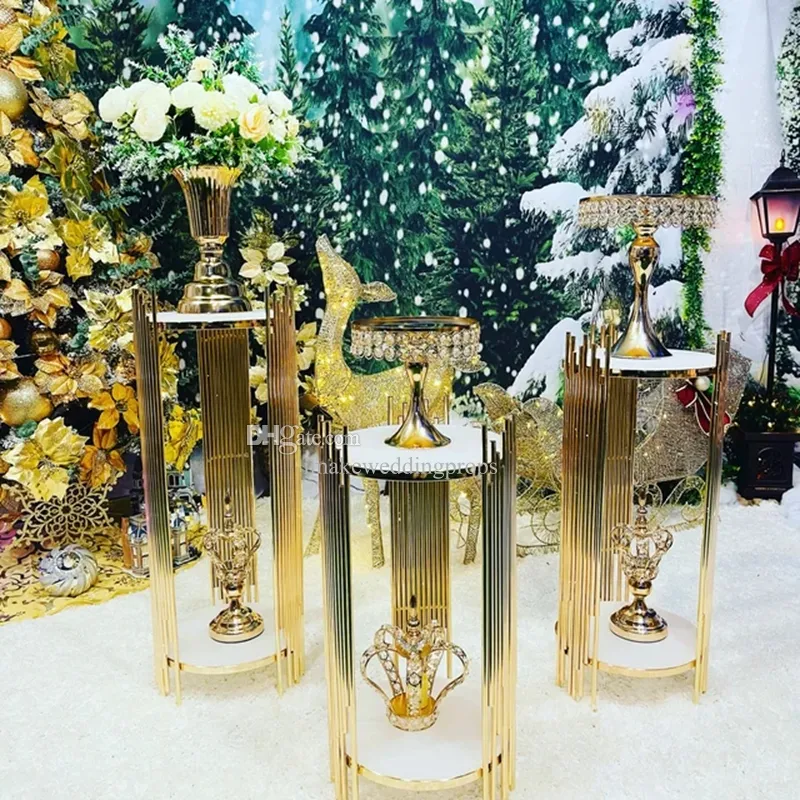 decoration gold metal walkway backdrop events cake plinths pillars cylinder gold dessert table decor stand for wedding party supplies props imak528