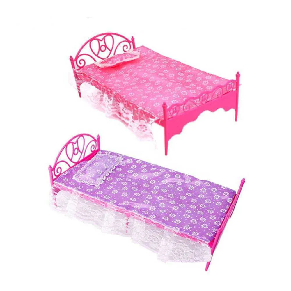 Fashion Plastic Bed Bed Bedroom Möbler för Barbie Dolls Dollhouse Pink eller Purple Girl Birthday Present