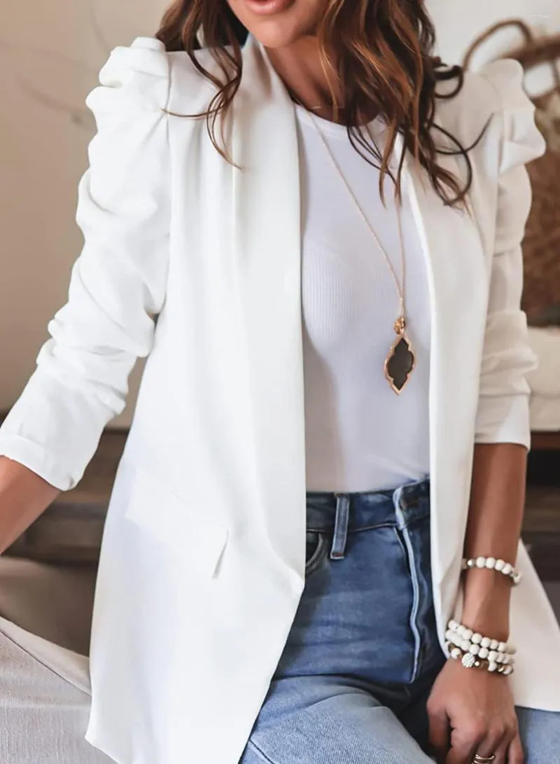 Damespakken Elegante dames puff mouw jassen voor vrouwen 2022 Autumn Fashion Pure Color Pocket Coats Casual Office Lady White Blazers