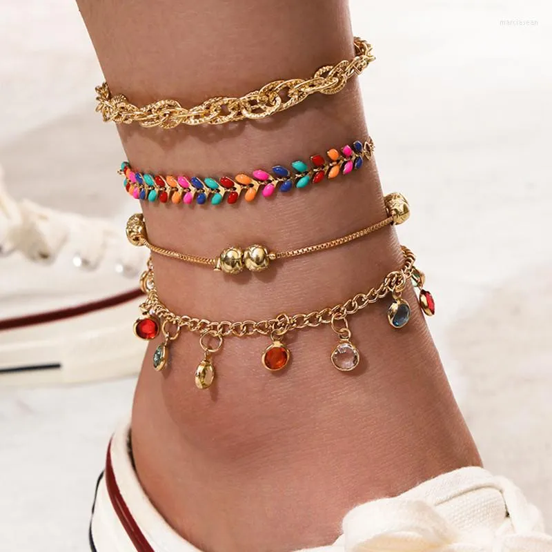 Tornozeleiras 4 PCs/set Bohemian Colorful Crystal Stone Conjunto de contas da moda para mulheres Tassel Sandals Barefoot Presentes de joias