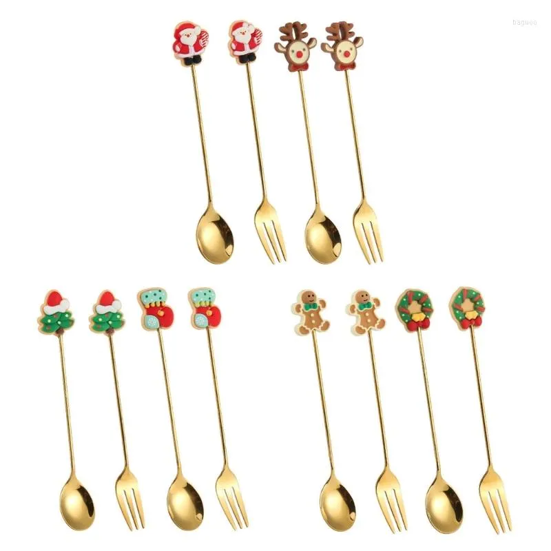 Ensembles de vaisselle 4pcs Christmas Fruit Fruit Fork Fork En acier inoxydable Cake Spoon Dusting Dessert Forks for Creative Spoons 3 Styles Party