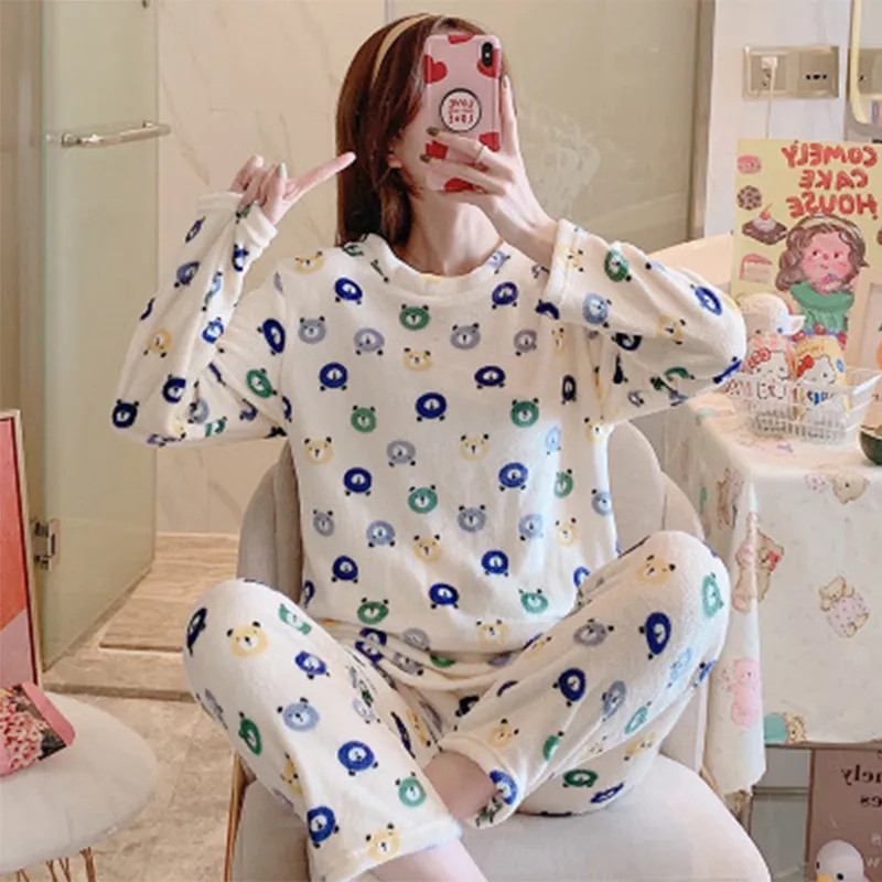 Designer sleepwear feminino 2023 outono inverno pijama terno flanela veludo casa vestir flertando calças de inverno ternos sleepwear pijamas conjunto menina kawai