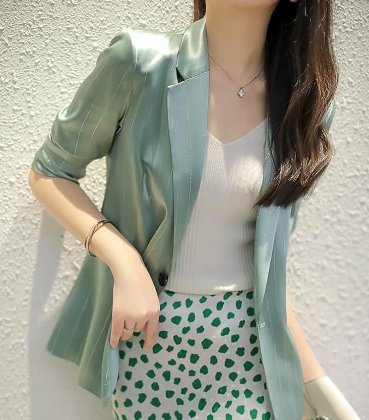 Women's Suits High Fixed Wind Bright Silk Striped Suit Summer Seven-cent Sleeve Mint Green Jacket Thin Style Feminine Drape Blazer Woman
