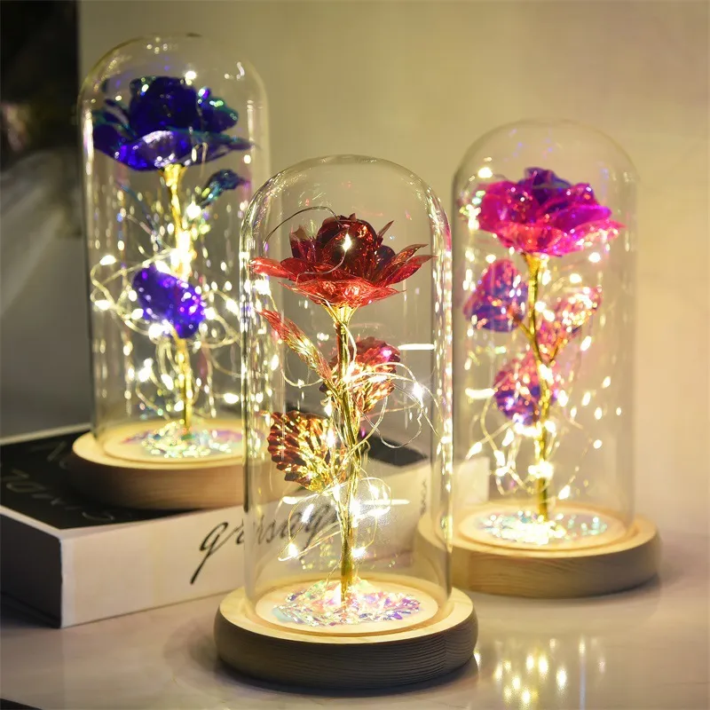 Valentine's Day Reternal flower Glass Cover Beauty and Beast Rose LED Battery Lamp Birthday present Mother Gifts D64