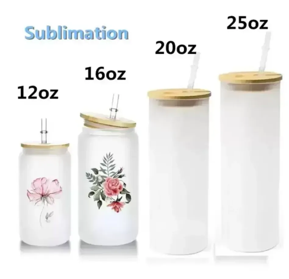 Sublimation Glass Tumbler Set With Bamboo Lid 4 Sizes, Clear/Frosted