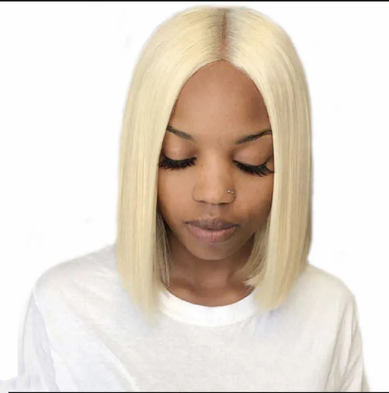 Perruques Lace Wig Bobo Wig Femme Cheveux Courts Raides Doré 613 Fibre Moyenne Différenciée Couvre-chef