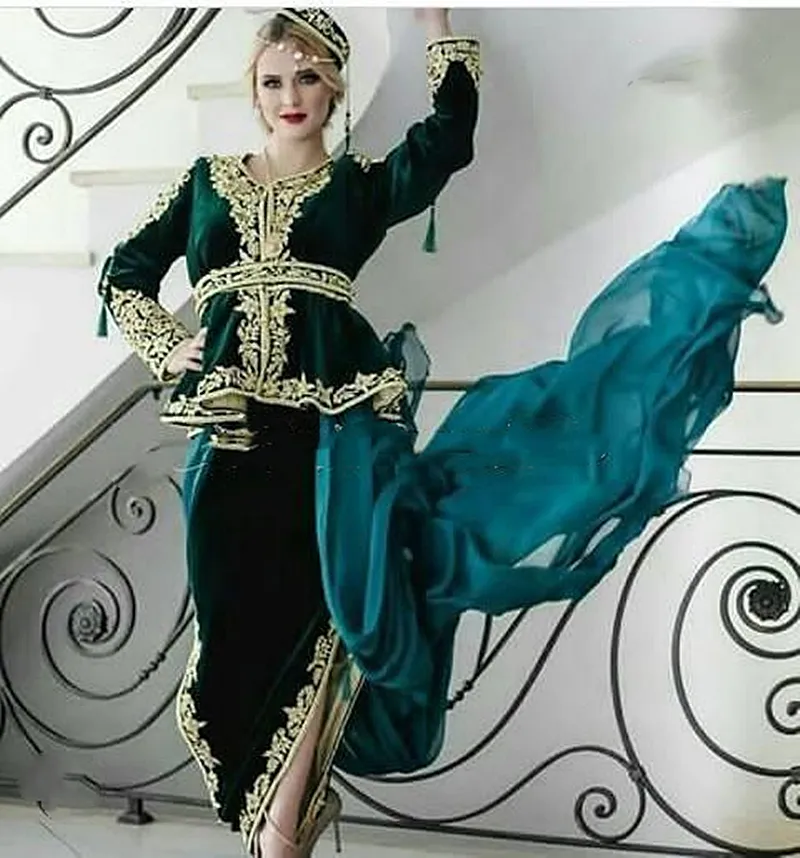 Karakou Grüner Samt-Kaftan-Abendkleid mit langen Ärmeln, goldene Spitzenapplikationen, Mantel, formelle Partykleider, algerischer Kaftan, arabisches Dubai-Abschlussballkleid 2023