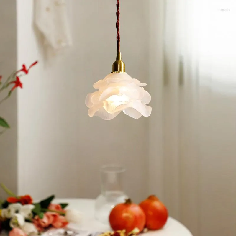 Pendant Lamps American Retro Art White Flower Glass Suspension Light Nordic Simple Restaurant Bar Bay Window Bedside E14 Single Lamp