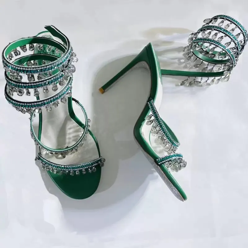 Sandali Con Tacco Alto Scarpe Eleganti Designer Di Lusso Ciondolo In Cristallo Con Luce Anello Piede Gemellato Donna Con Strass Tacchi Da 10 Cm Sandali Di Grandi Dimensioni Per Le Donne