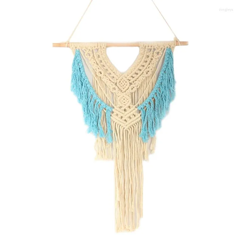 Tapissries macrame vägg hängande beige och blå vävd tapestry boho chic tofsels konst sovrum vardagsrum bakgrundsdekorationer