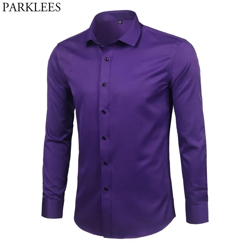 Koszulki męskie purpurowe bambusowe sukienki z włókna marka szczupła dopasowana Chemise Homme non Iron Easy Care Formal for Men 221105