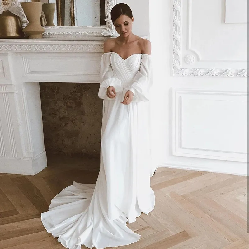 Off Shoulder Chiffon Beach Wedding Dresses Long Sleeves Simple Boho Bridal Gowns With Train For Women Robe Mariage Formal Dress