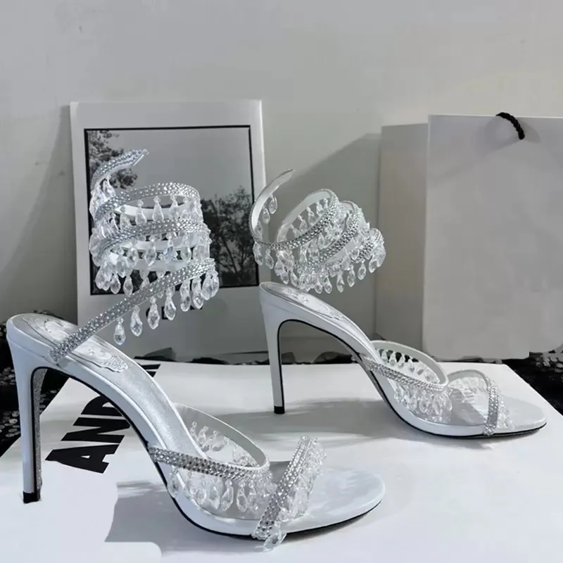 Sandales de luxe d'été à talons hauts, pendentif lumineux en cristal, anneau de pied torsadé, chaussures habillées pour femmes, strass, talons de 10CM, grande taille, sandales pour femmes 35-43