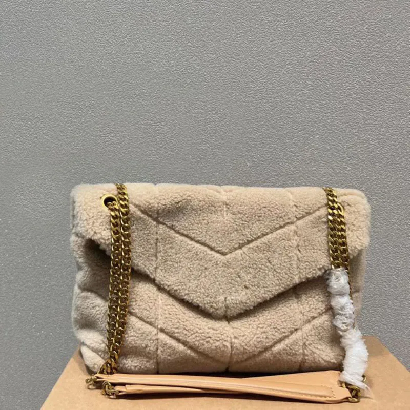 Akşam çantaları kapitone haberci çanta sherpa kürk el çantası Teddy peluş crossbody omuz çantaları gerçek deri moda mektup altın zincir flep puffer mm