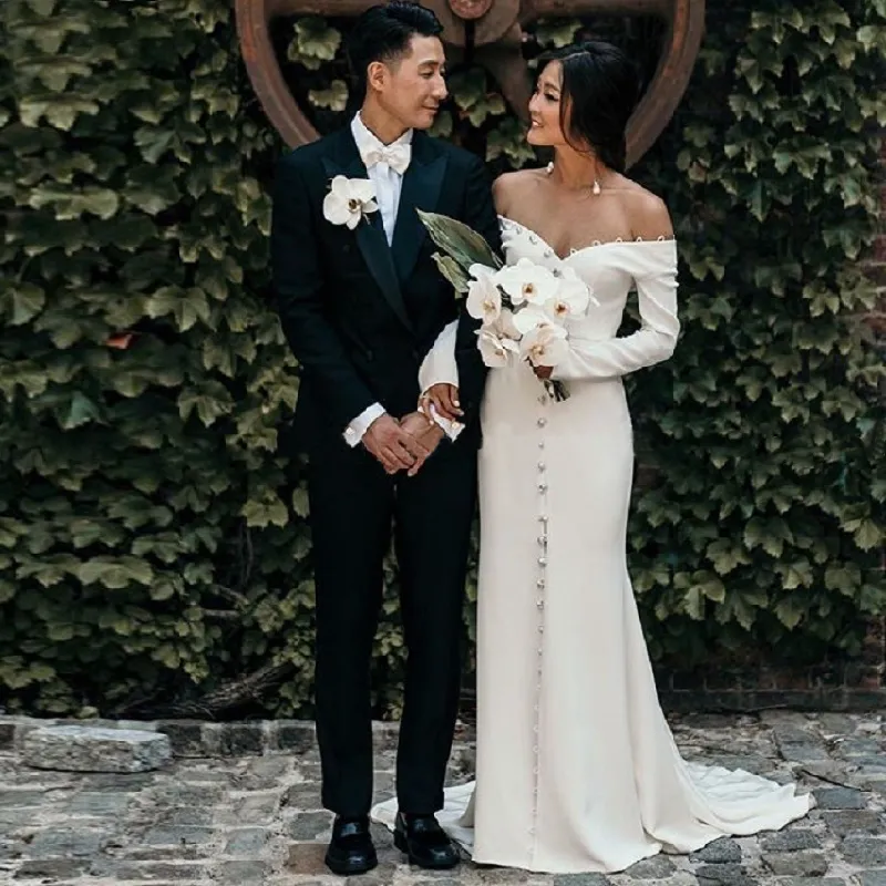 Ny bröllopsklänning koreansk enkel sjöjungfru av axeln satin långa ärmar brudklänningar anpassade vestido de novia