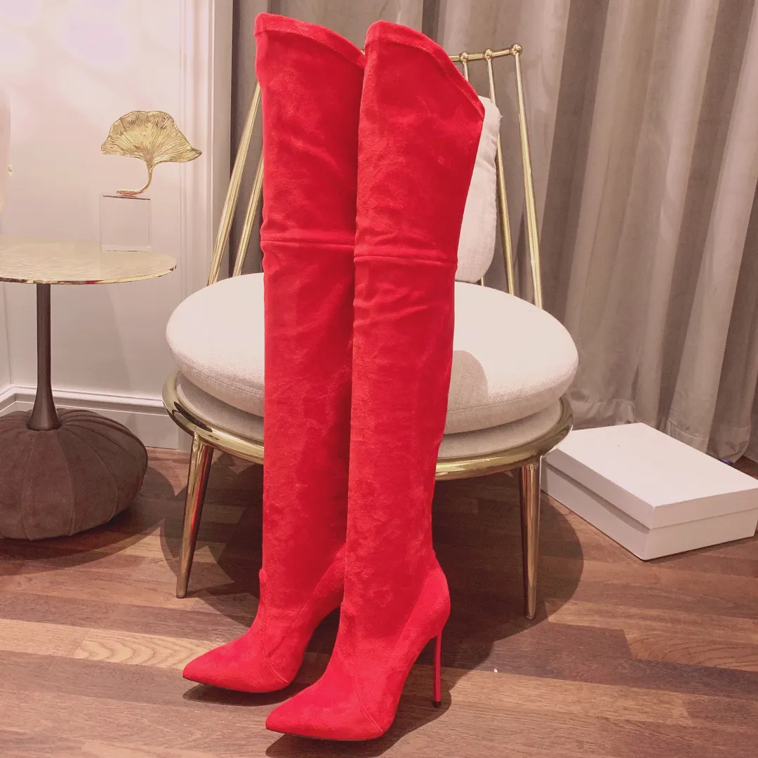 Knee-high suede boots pointed toe Leather outsole Thigh-High Boot fashion stretch 120 mm stiletto heel Boot for women luxury designer shoes factory footwear