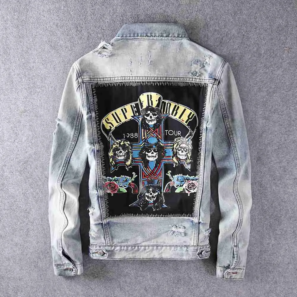 Men's Hoodies & Sweatshirts Fleece Harajuku Casual Rocker GNR Stamp Washed Destroy Fades Vintage Indigo Blue Denim Jacket Rock Sweatshirt Guns N Roses Streetwear