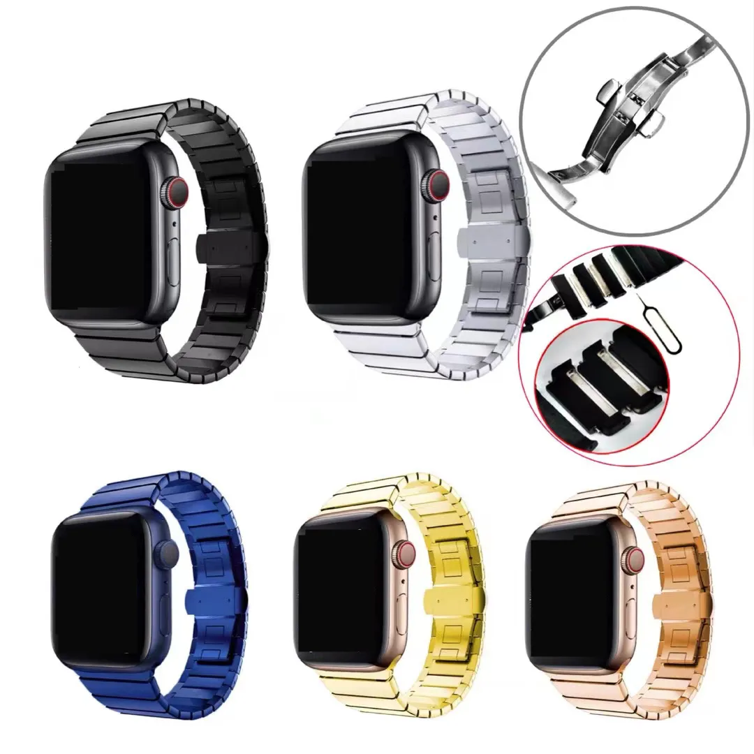 Link Bracelet Wristband Stainless Steel Watchband Straps Band Butterfly Fold Clasp Wearable Accessories for Apple Watch Series 3 4 5 6 7 8 SE Ultra iWatch 41 45 49mm