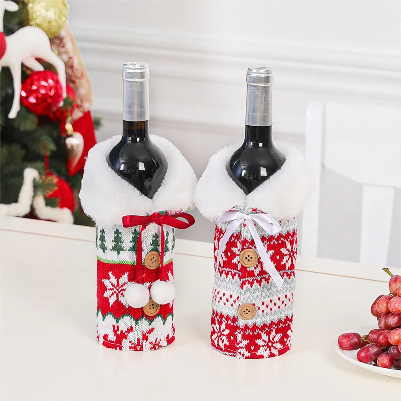 2023 New Christmas Decorative Articles Knitted Button Snow Wine Bottle Cover Creative Champagne Red