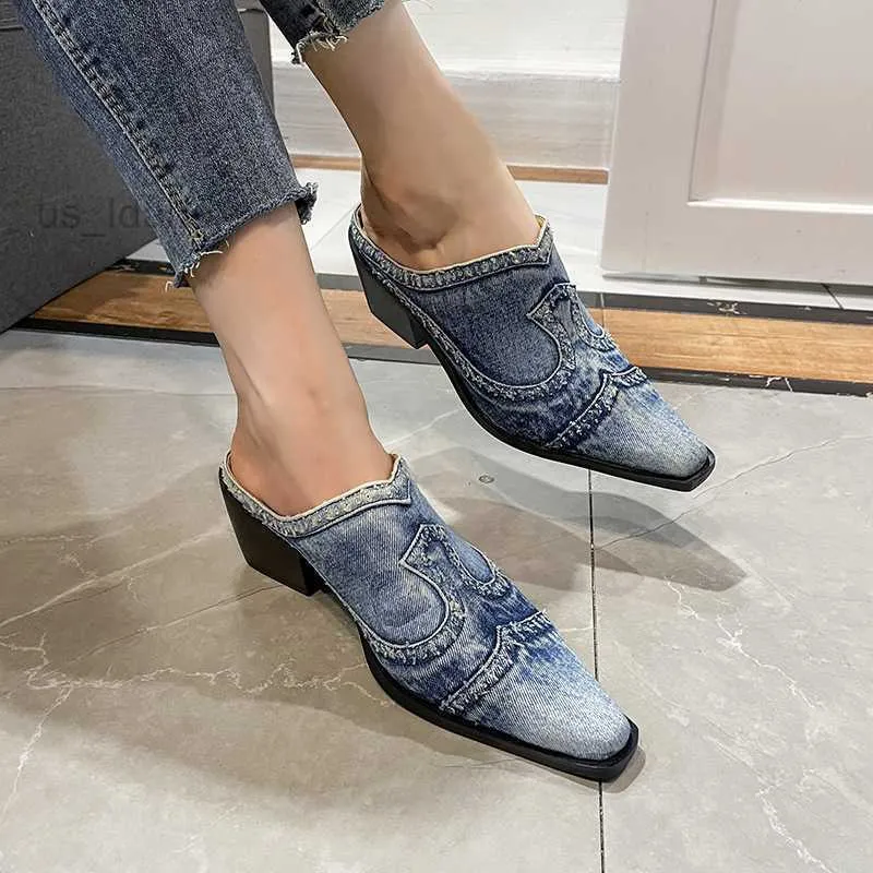 Sandales mode Denim pantoufles Mules pompes femmes chaussures 2022 nouvel été automne mi talons sandales robe Sexy tongs L221107