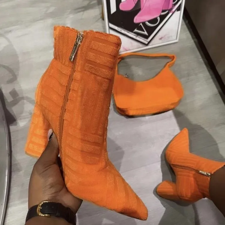 High Heels 2023 New Womens Ankle Boots Pointed Toe Square Heels