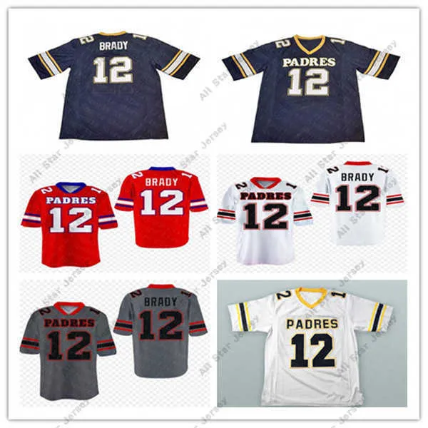 Maillots de football hommes Vintage Tom Brady # 12 maillot de football du lycée Junipero Serra chèvre chemise cousue bleu marine rouge blanc ordre de mélange