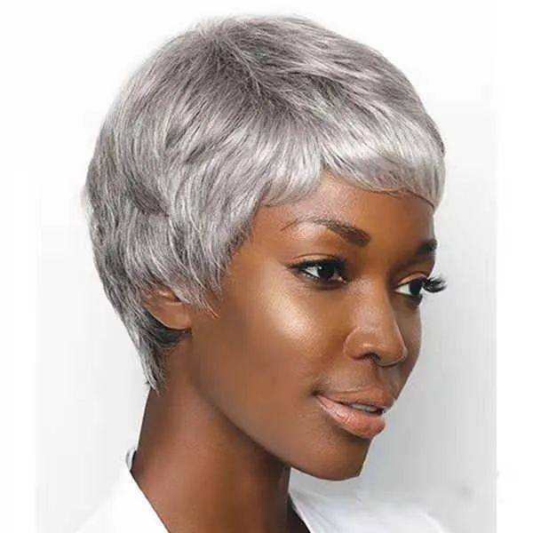 Hår spetsar peruker kvinnligt kort hår sier grå mekanism kemisk fiber huvudbonad pixie peruk