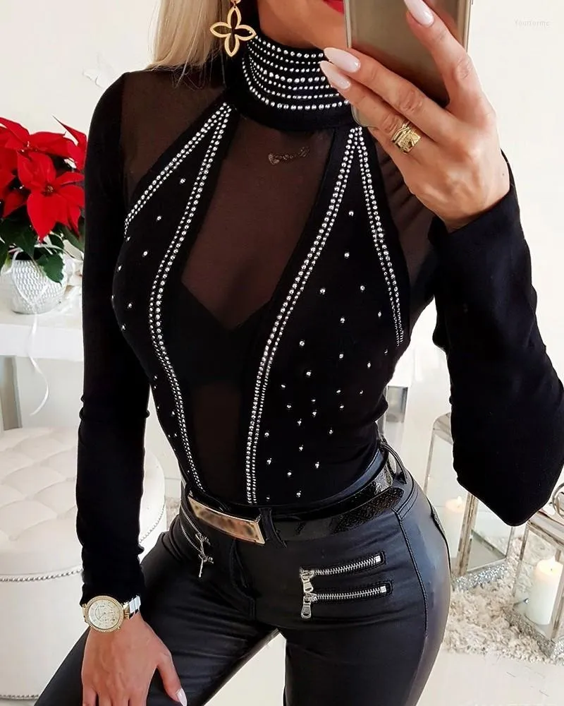 Blouses pour femmes Blouse femmes Skinny noir col roulé haut clouté maille transparente à manches longues Sexy moulante dames t-shirts grande taille