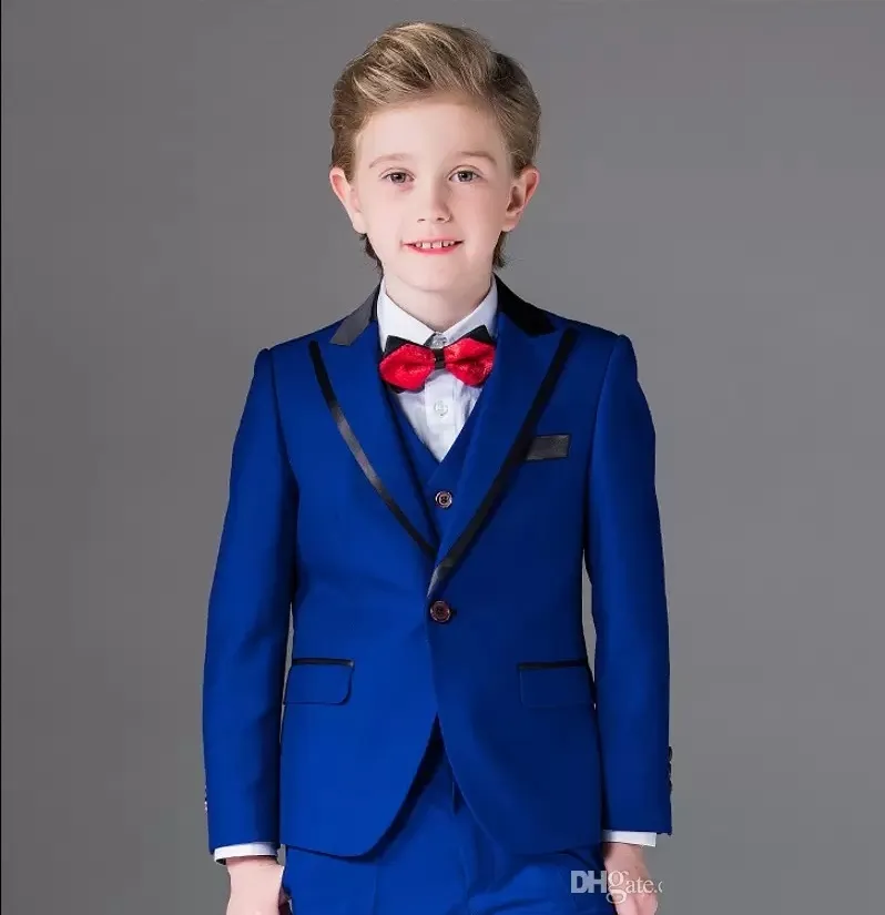 One Button Boy Tuxedos Peak Lapel Children Suit Royal Blue/Red/Black Kid Wedding Prom Suits Jacket Vest Pants