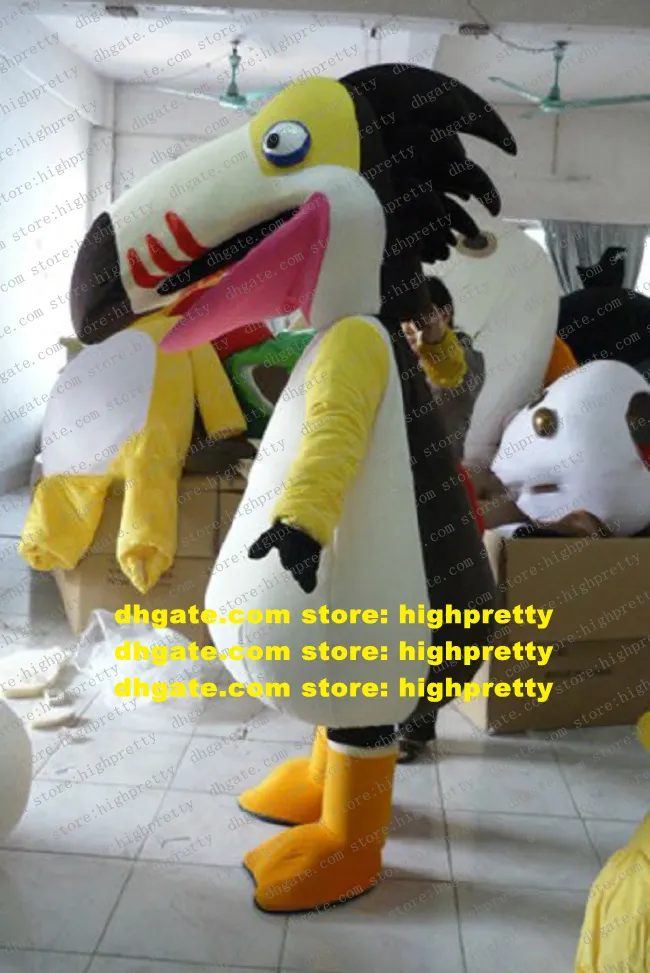 Costume de mascotte mignonne blanche Flamingo Toco Toucan Barbet cormorant Pélican bouche tranchante Black Hair Yellow Arms n ° 4402