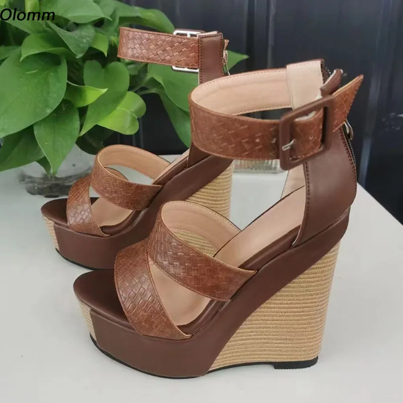 Olomm Handmade Women Platform Sandals Wedges Heels Sandals Open Toe Pretty Brown Black Wine Red Shoes Ladies US Plus Size 5-20