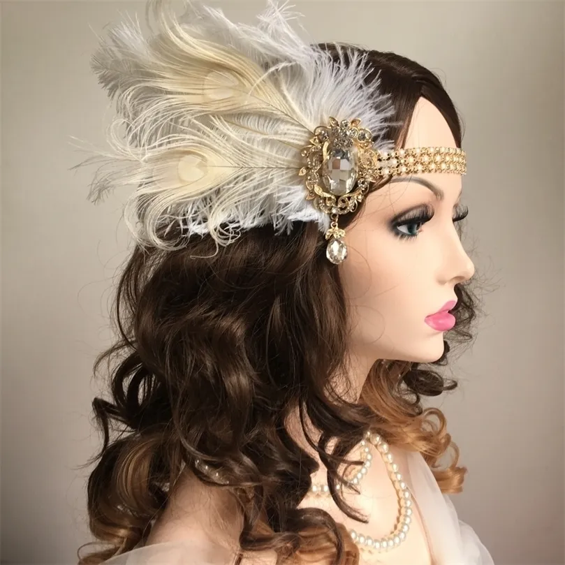 Hoofdbanden Dames Vintage Feather Hoofdband Wit metalen ketting 1920s Gatsby Party Headpiece for Carnival Accessories 221105