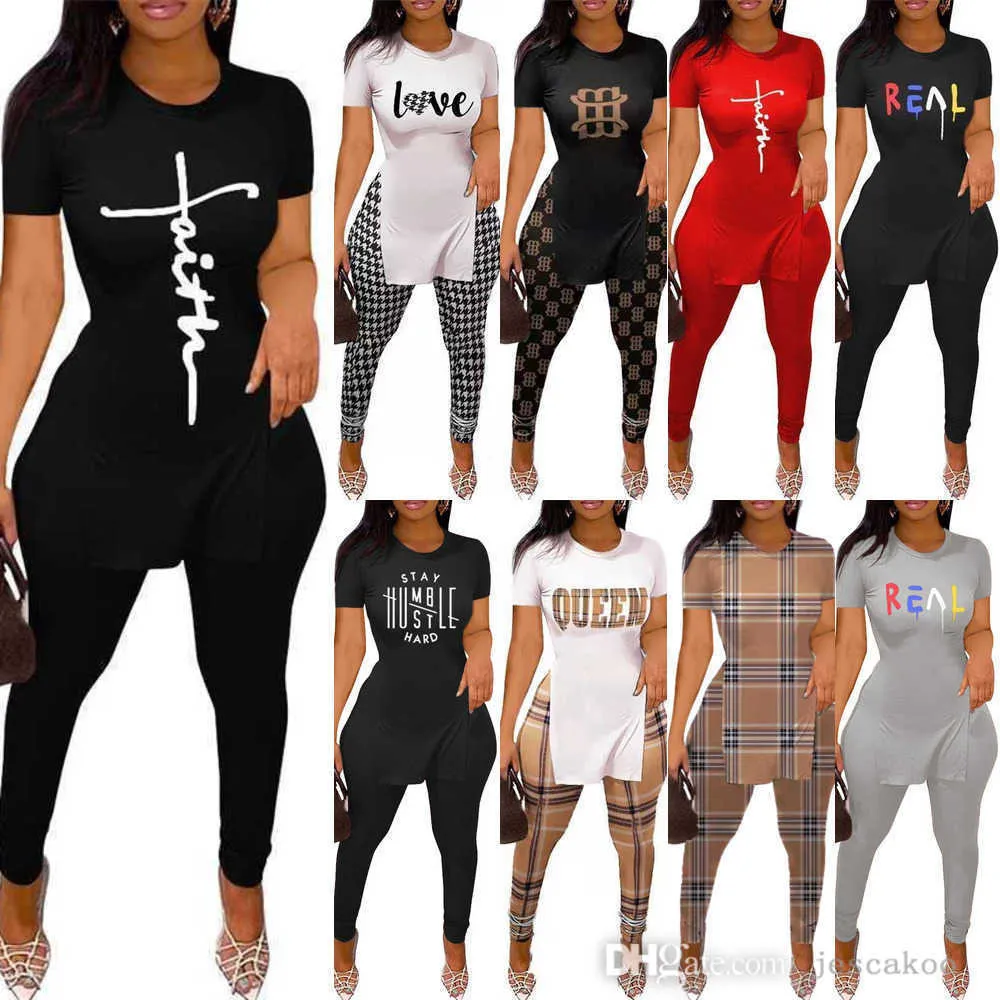 Zomer Desinger Vrouwen Letter Gedrukte Trainingspakken Sexy Split Korte Mouw T-shirt En Broek Outfits 2 Stuk Bijpassende Set