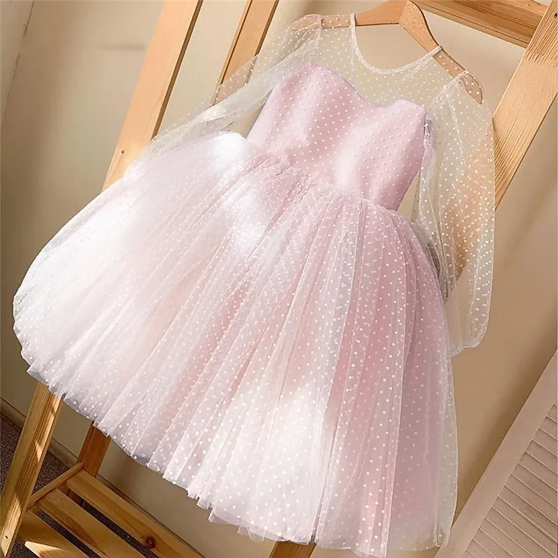 16038 Kinder Mädchen Punkte Prinzessin Kleid Kinder Tutu Langarm Bowknot Spitze Party Casual Kleider