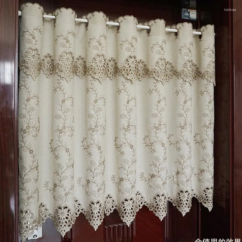 Curtain Sunshade Half-curtain Countryside Flower Embroidered Window Valance Lace Hem Coffee For Kitchen Cabinet Door