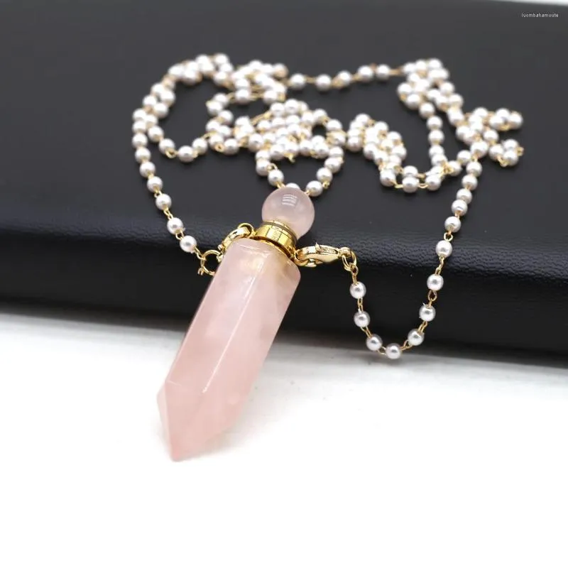 Collane con ciondolo Quarzo rosa naturale Pietra Diffusore di oli essenziali Charms Perle Perline Catena Cuore Bottiglia di profumo Collana Gioielli da donna