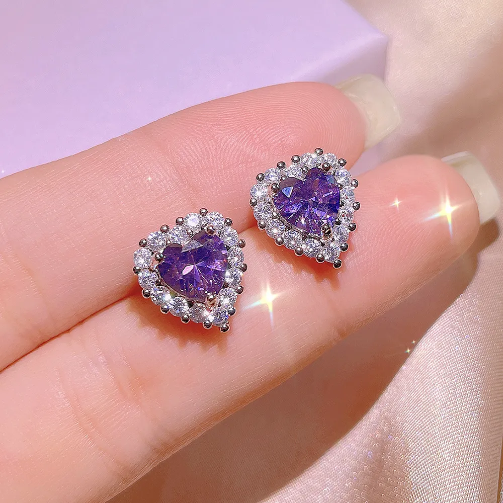 Piękny niebieski luksus CZ CZ CYRKON Designerskie pierścionki dla kobiet miłość miłe serca słodkie lśniące kryształowe fioletowe kamienne kolczyki Zestaw biżuterii