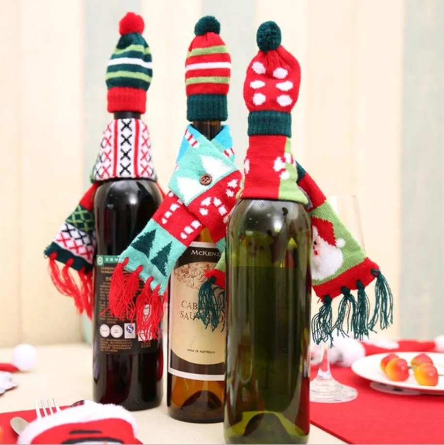 Şarap şişesi eşarp şapkası Noel şarap şişeleri dekorasyonları yeni yıl hediye mutfak sofra dekorasyon aksesuarları