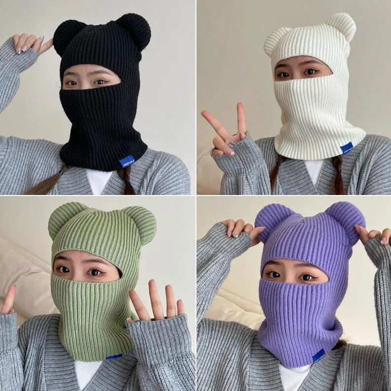 11 Colors Cute Winter Wool Pullover Hat Female Bear Ears Knitted Beanie Hats Warm Hat Outdoor Riding Windproof Head Cover Scarves Sets