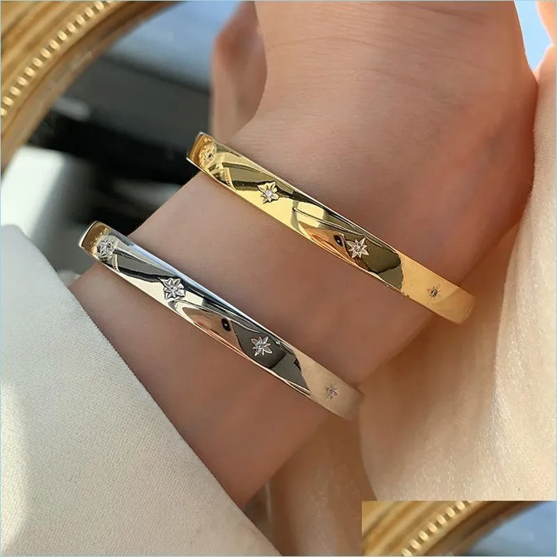 Bangle Bangle Fashion Simple Starlight Wide Face Open Armband For Women Holiday Gift Retro Luxury Star Jewelry Accessories Whose Dhnsz