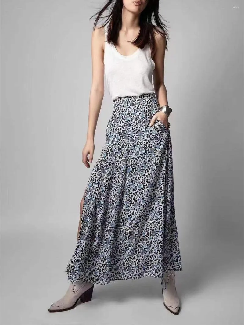 Skirts Women's Floral Print Split Long Skirt 2022 Summer Ladies Pleated Drape Elegant Midi Jupe With Pockets