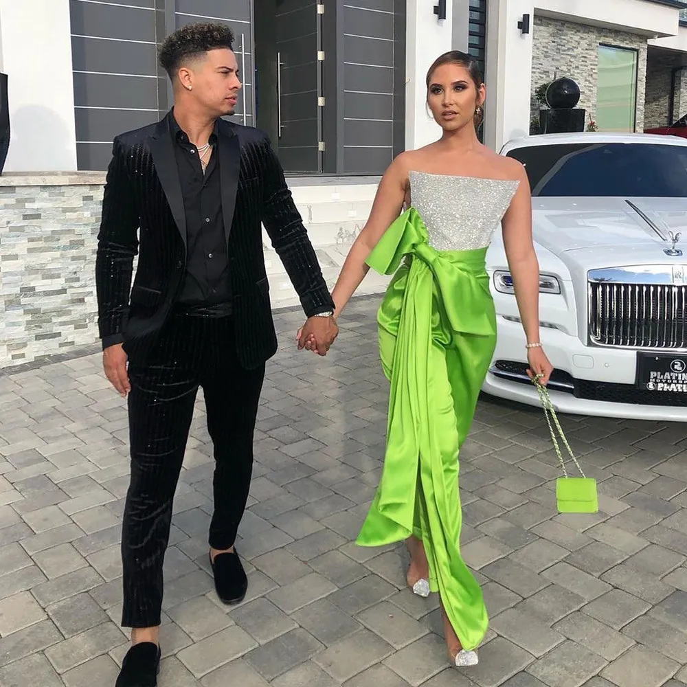 Green Jumpsuit Prom Dresses Strapless Crystal Top Outfit Gown for Special Occasions Big Bow Tie Belt Cocktail Party Dress