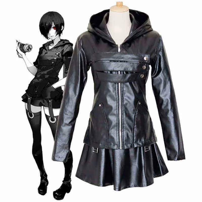 Anime Tokyo Ghoul Touka Kirishima Cosplay Kostüm Tam Set Üniforma PU Siyah Deri Siyah Elbise Hoodie Kadınlar Cadılar Bayramı Dövüş Elbisesi J220720